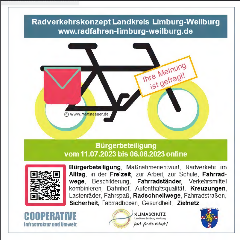 Poster:Radverkehrskonzept Landkreis Limburg-Weilburg - Bürgerbeteiligung vom 11.07.2023 bis 06.08.2023 online https://www.radfahren-limburg-weilburg.de
