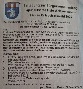 Einladung zur Bürgerversammlung - gemeinsame Liste Wolfenhausen - für die Ortsbeiratswahl 2026 - am 21.10.2025 im Dorfgemeinschaftshaus Wolfenhausen ab 19:30 Uhr